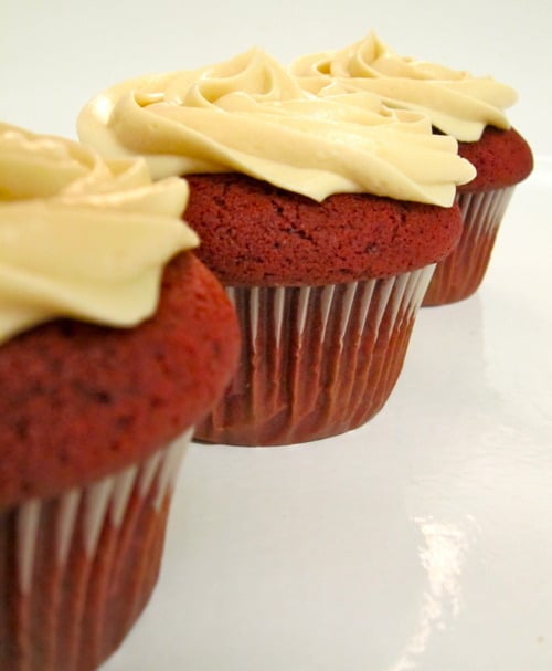 Close-up of red velvet cupcakes topped with swirls of vanilla cream cheese frosting, lined up on a white surface.