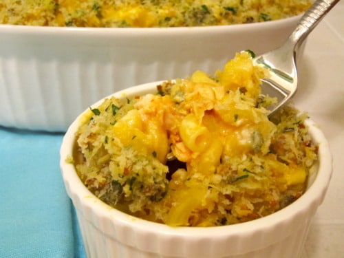 Spoon lifting a serving of buffalo chicken macaroni and cheese from a white ramekin, showing creamy pasta with a golden breadcrumb topping.