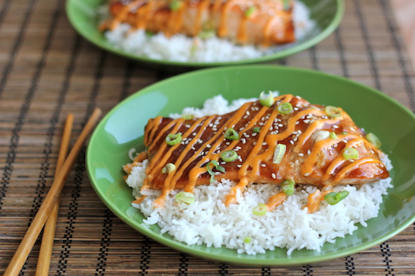 Teriyaki Salmon With Sriracha Cream Sauce