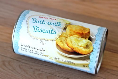 Trader Joe’s Buttermilk Biscuits ready-to-bake can on a wooden surface, used in biscuit lime fish tacos.