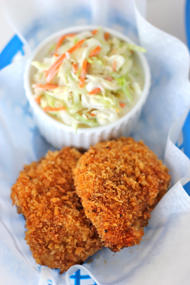 Oven-Fried Chicken with Homemade Coleslaw - These chicken thighs are so crisp, no one will believe you when you tell them it's been baked!