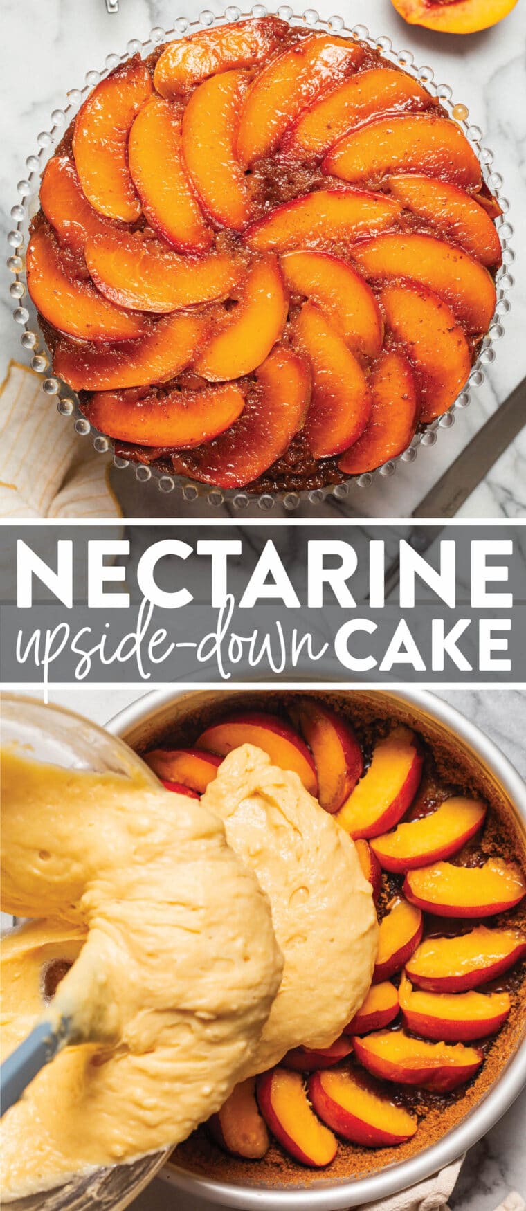 Nectarine Upside-Down Cake - Moist, tender cake with ripe, juicy nectarines or peaches! So pretty and so good. Bonus: the caramelized edges!