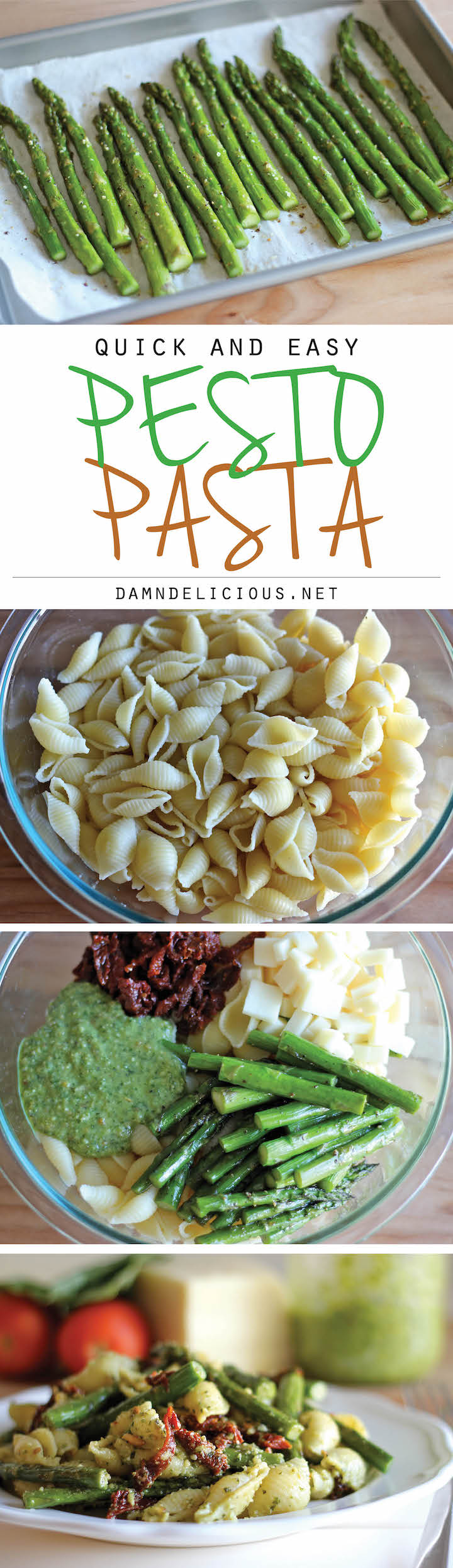 Pesto Pasta with Sun Dried Tomatoes and Roasted Asparagus - A quick and easy dish for those busy weeknights, and it is chockfull of veggies!