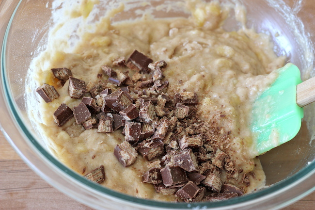 Banana Bread Kit Kat Muffins - The perfect way to use up those lingering bananas for an indulgent breakfast muffin!