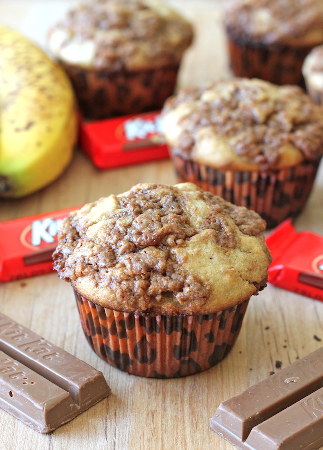 Banana Bread Kit Kat Muffins - The perfect way to use up those lingering bananas for an indulgent breakfast muffin!