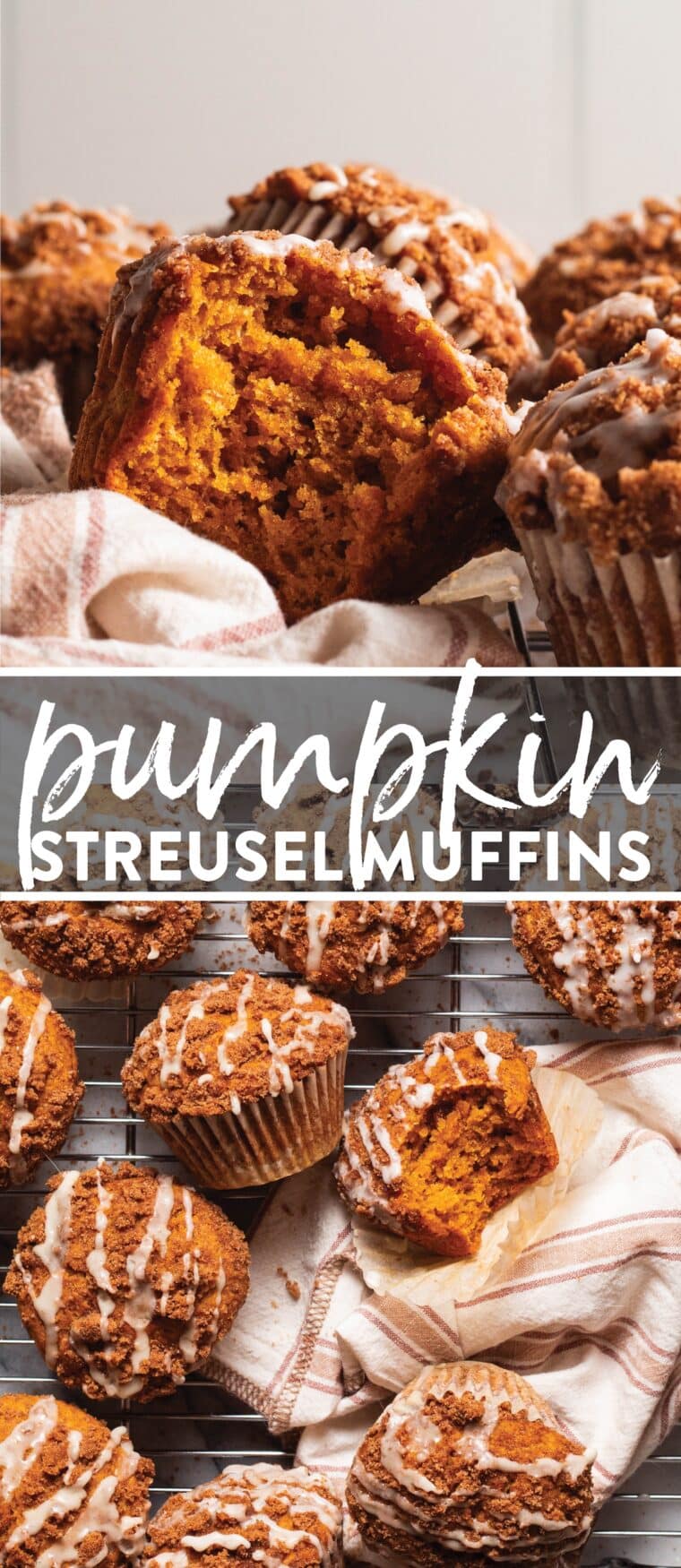 Pumpkin Streusel Muffins - THE BEST pumpkin muffins with an oh-so-crumbly streusel topped with a drizzled vanilla glaze! So moist, so fluffy!