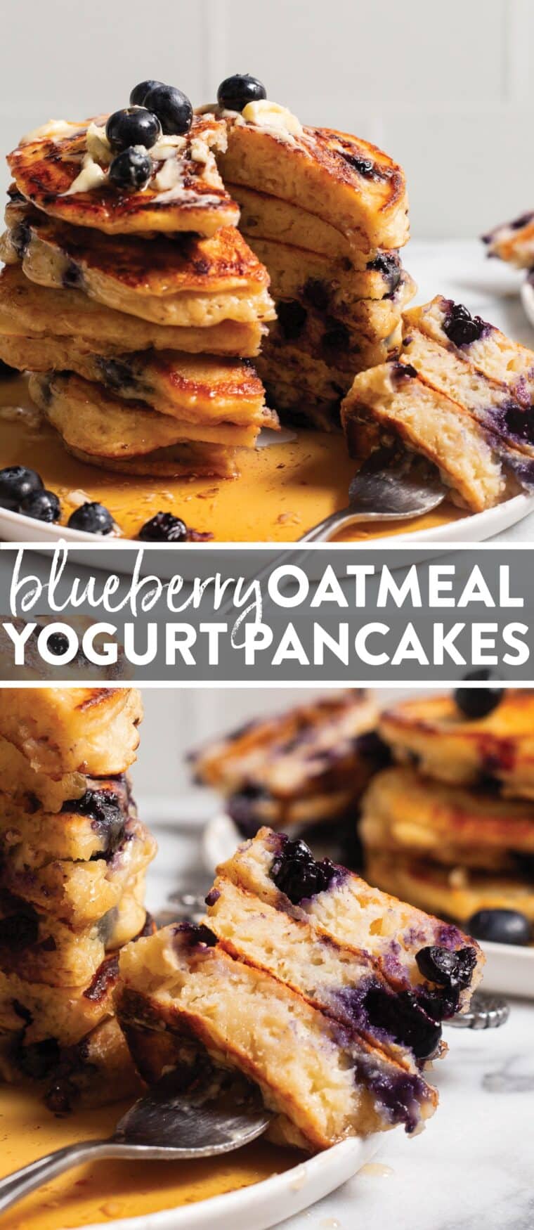 Blueberry Oatmeal Yogurt Pancakes - Start your mornings off right with these light, fluffy protein-packed pancakes, loaded with juicy blueberries. And they are freezer-friendly!