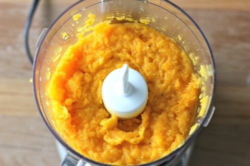 Butternut squash purée blended to a smooth consistency in a food processor.