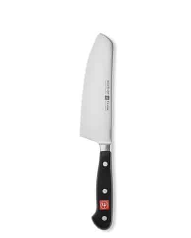 Wusthof Classic Santoku knife with stainless steel blade and black handle.
