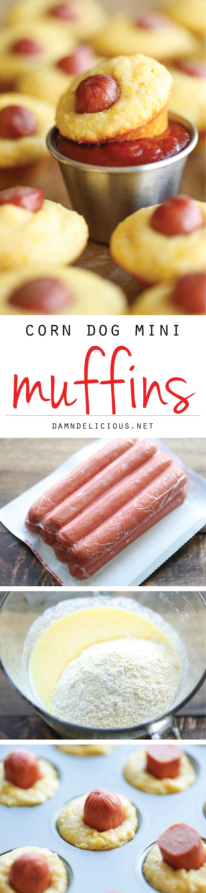 Corn Dog Mini Muffins - Everyone's favorite corn dog made into the easiest mini muffins. Because everything tastes better in miniature size! 103.4 calories.