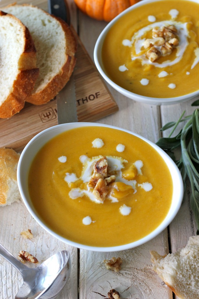 Roasted Butternut Squash and Sage Soup - Roasted winter squash is blended with fresh sage for a smooth, elegant smooth lightened up with Greek yogurt!