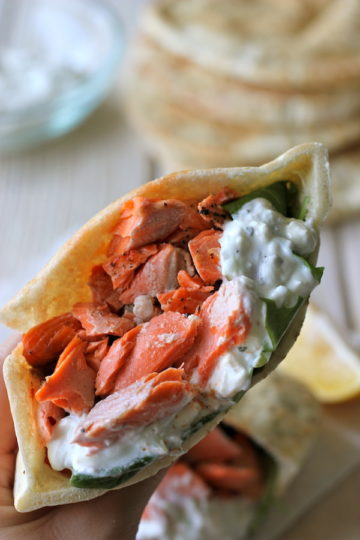 Broiled Salmon Gyros with Cucumber Feta Yogurt Dip