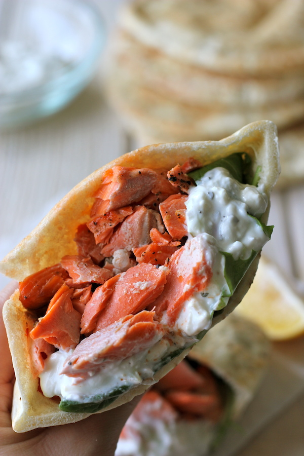 Broiled Salmon Gyros with Cucumber Feta Yogurt Dip - A healthy, protein-packed gyro with an easy homemade Greek yogurt dip!
