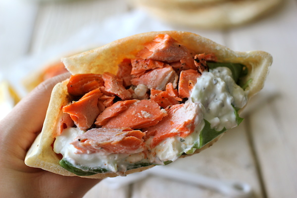 Broiled Salmon Gyros with Cucumber Feta Yogurt Dip - A healthy, protein-packed gyro with an easy homemade Greek yogurt dip!