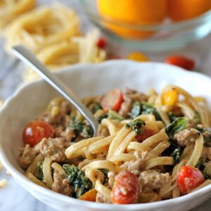 Black Truffle Pasta with Kale, Italian Sausage and Meyer Lemon Cream Sauce