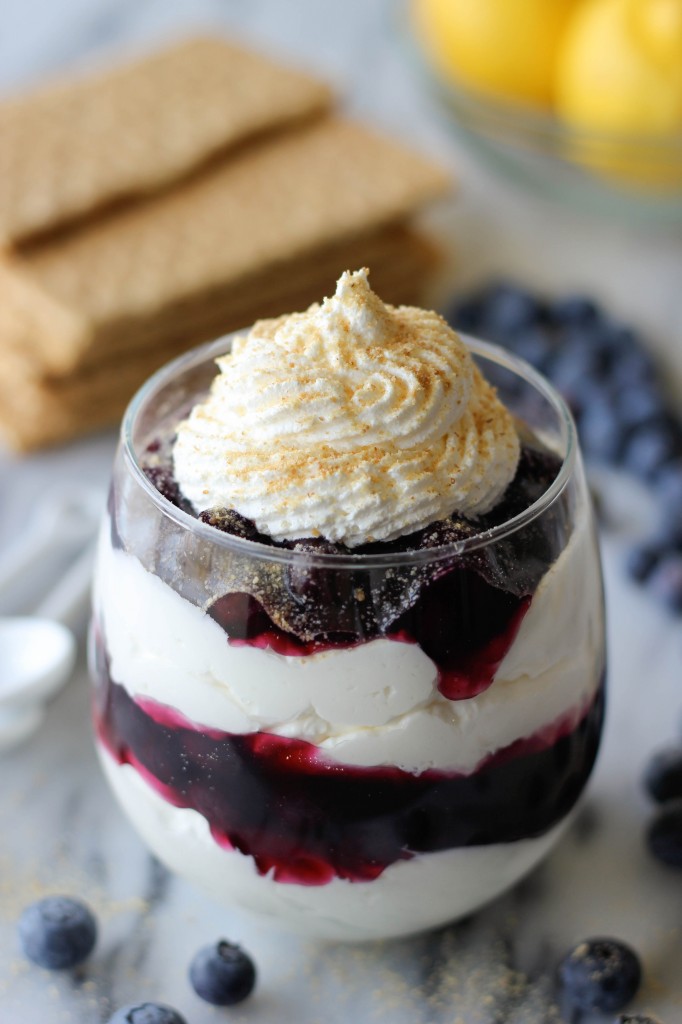 Cheesecake Parfaits with Blueberry Pie Filling - No bake creamy cheesecake filling layered with blueberry pie filling!