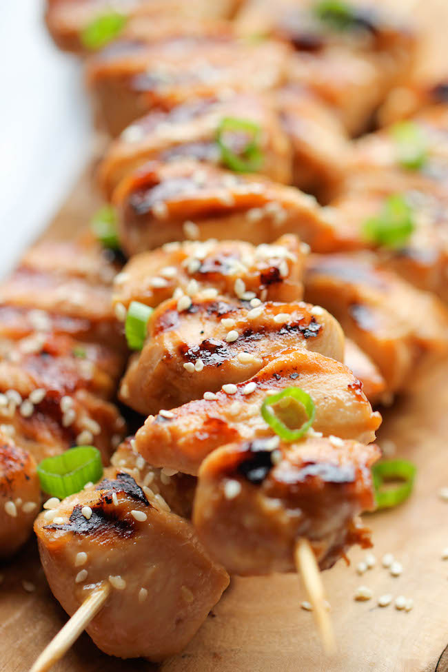 Chicken Teriyaki Kabobs - These savory sweet chicken kabobs are unbelievably easy to make and they're so perfect for game day!
