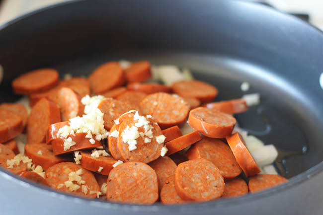 One Pot Andouille Sausage Skillet Pasta - This dish comes together so easily in one skillet. Even the pasta gets cooked right in the pan!