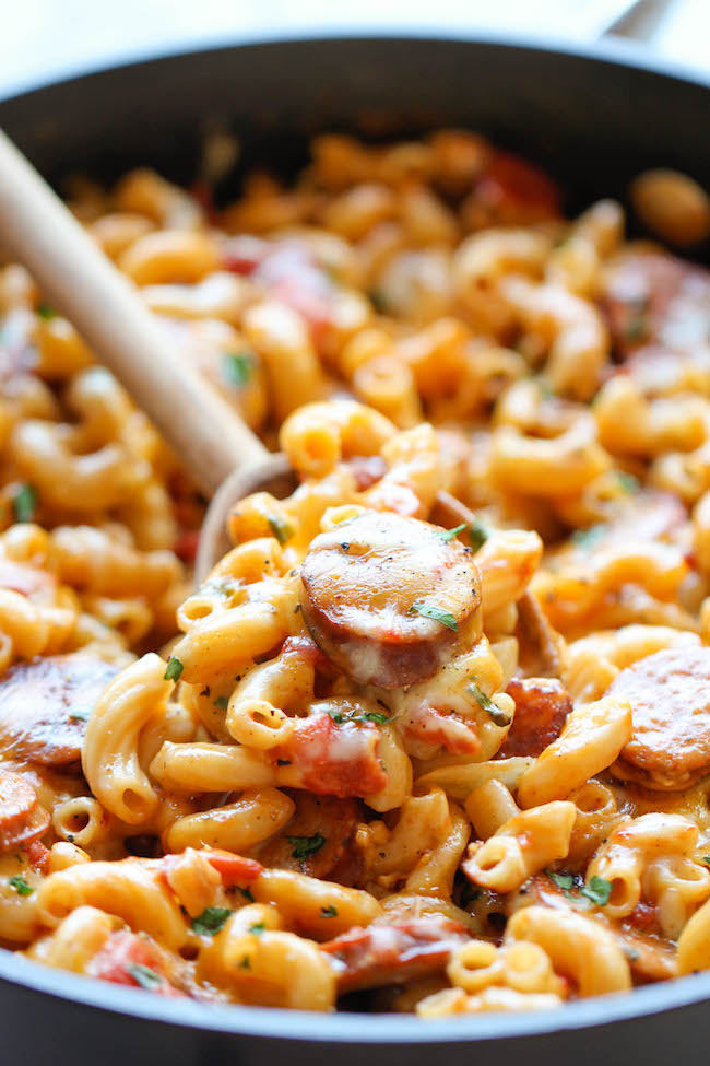 One Pot Andouille Sausage Skillet Pasta - This dish comes together so easily in one skillet. Even the pasta gets cooked right in the pan!