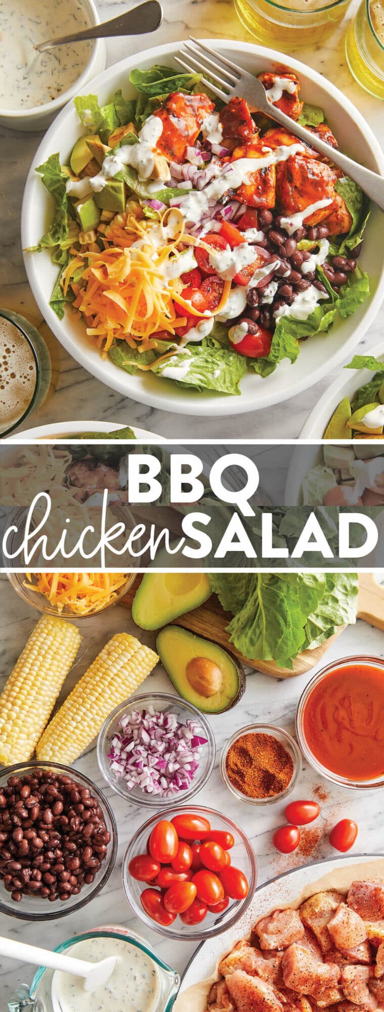 BBQ Chicken Salad - Smoky BBQ chicken, corn, tomatoes, black beans, avocado + cheese drizzled with homemade Ranch. An instant family favorite!