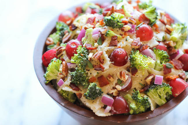 Broccoli Salad - A healthy, hearty broccoli salad loaded with plump grapes and crunchy pecans tossed in a "skinny" Greek yogurt dressing!