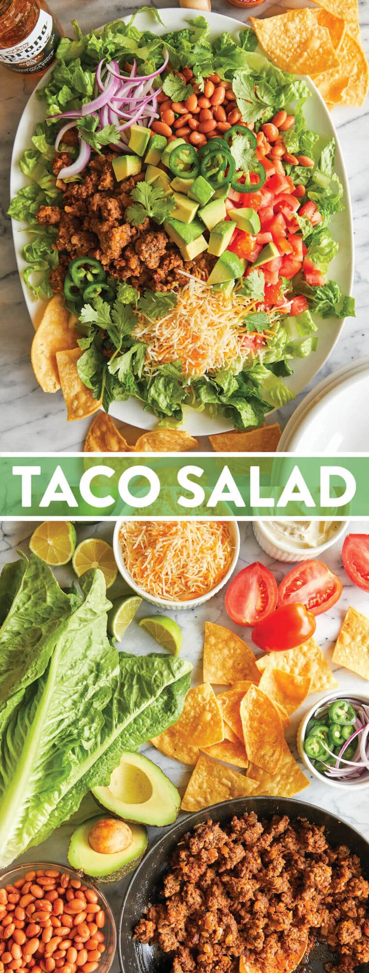 Taco Salad - With taco-seasoned ground beef, crisp lettuce, beans, avocado and cheese! Top with a dollop of sour cream. So quick, so good!