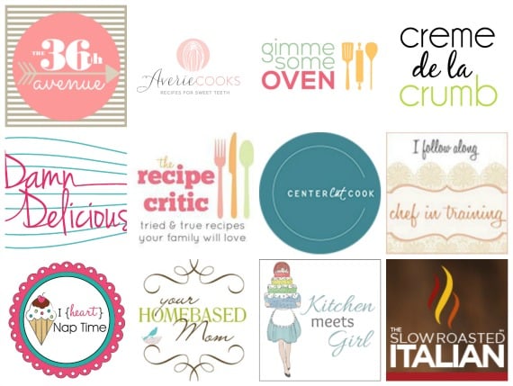 Collage of food blog logos including Damn Delicious, The Recipe Critic, Gimme Some Oven, and others, featuring colorful designs and typography related to cooking and baking.