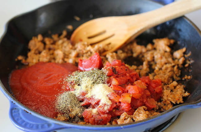 Ravioli and Italian Sausage Skillet - Cheesy comfort food at its best made in less than 30 min. You can't beat that!
