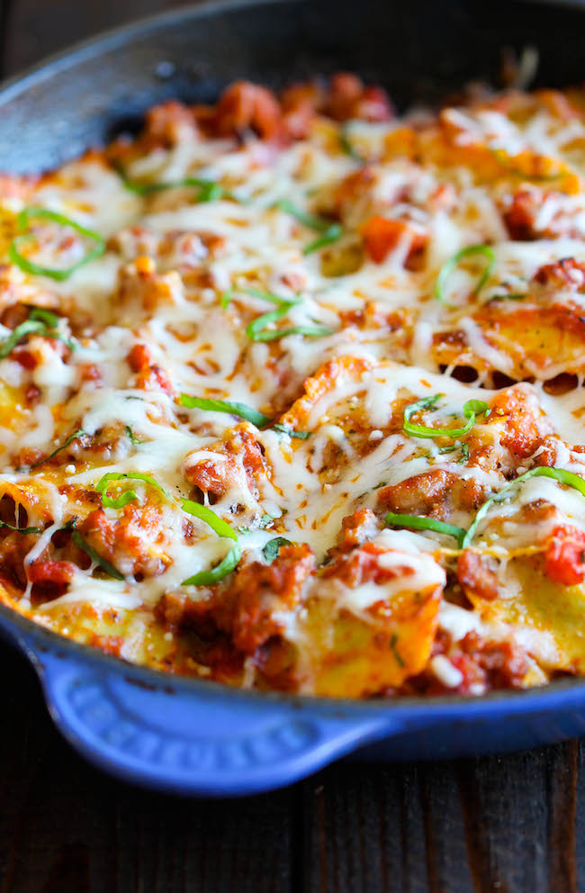 Ravioli and Italian Sausage Skillet - Cheesy comfort food at its best made in less than 30 min. You can't beat that!