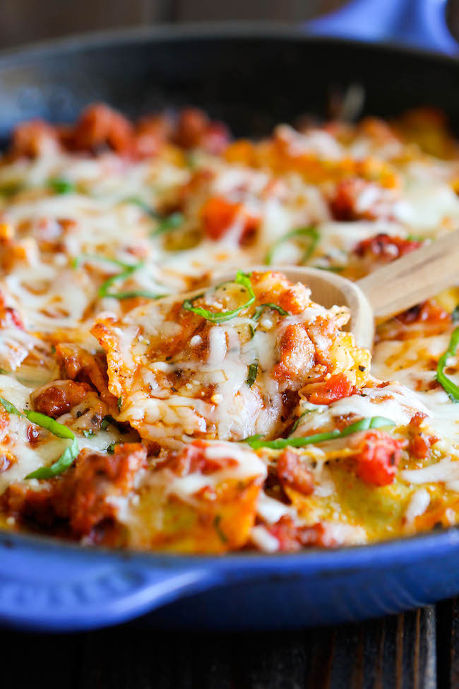 Ravioli and Italian Sausage Skillet - Cheesy comfort food at its best made in less than 30 min. You can't beat that!
