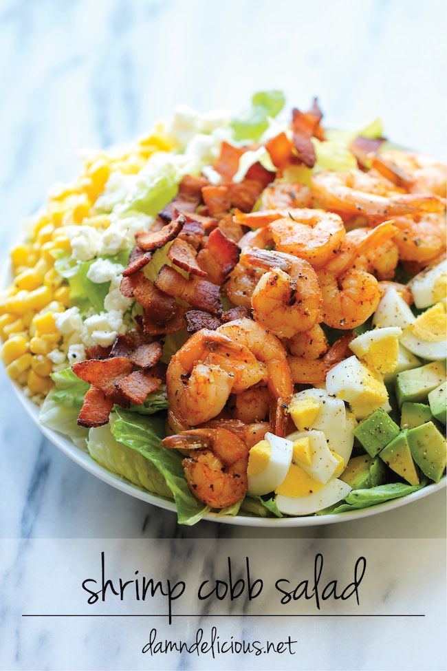 Shrimp Cobb Salad - A light, filling salad loaded with roasted shrimp, bacon bits, and avocado in a tangy, refreshing vinaigrette!