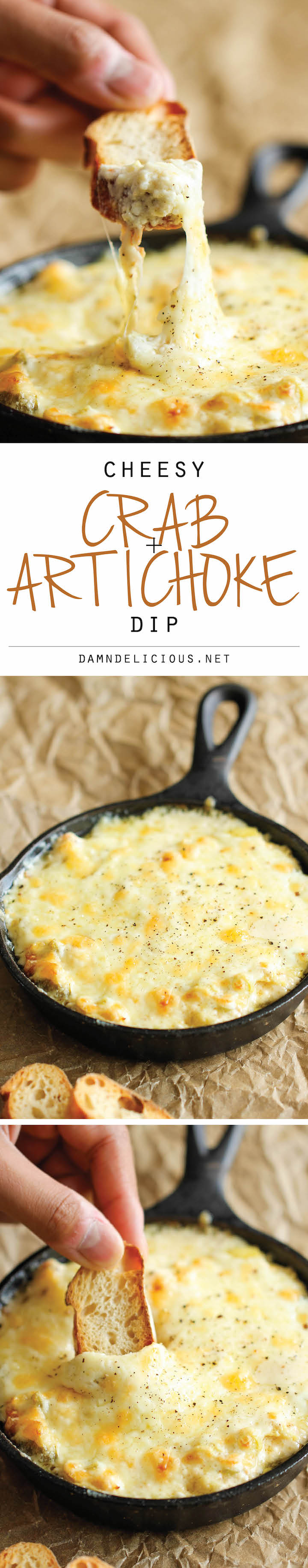 Crab and Artichoke Dip - This crowd-pleasing dip comes together in just 10 minutes, and it is baked to absolute cheesy perfection!