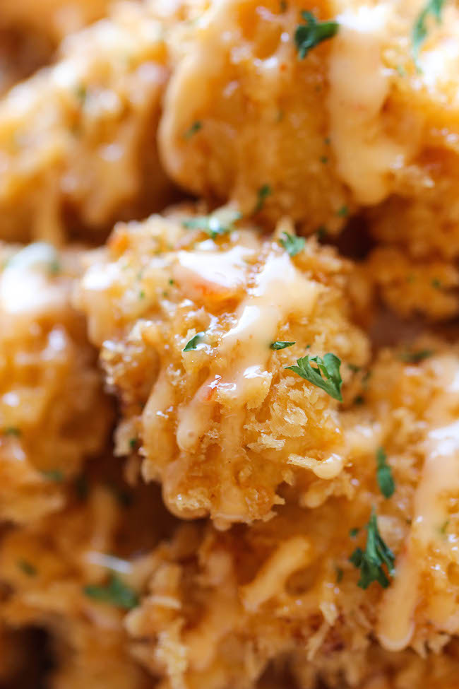 Bang Bang Chicken - Amazingly crisp chicken bites drizzled with sweet chili mayo - so good, you'll want to double or triple the recipe!