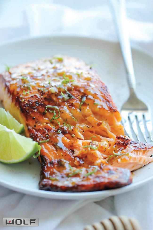 Honey Glazed Salmon - The easiest, most flavorful salmon you will ever make. And that browned butter lime sauce is to die for!