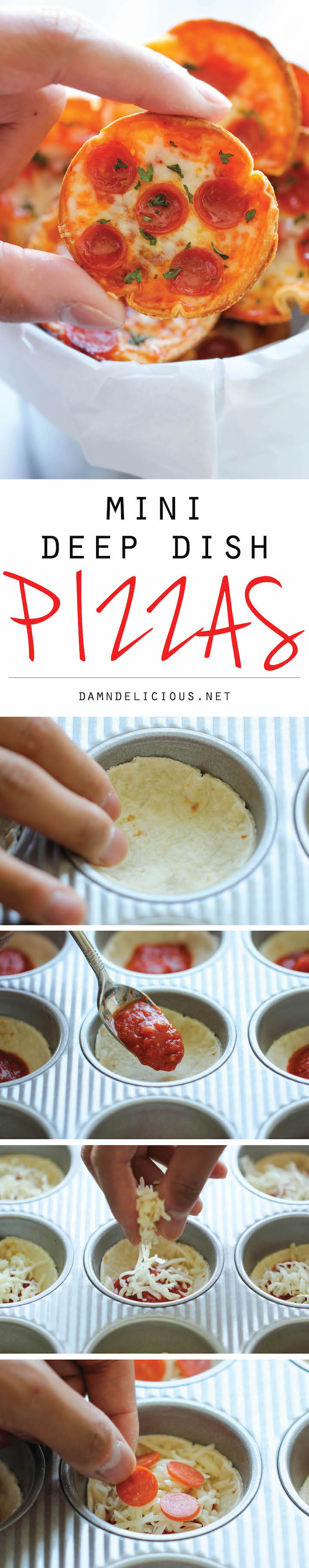 Mini Deep Dish Pizzas - These 5-ingredient mini pizzas are unbelievably easy, fool-proof, and completely addicting! Perfect for game day!