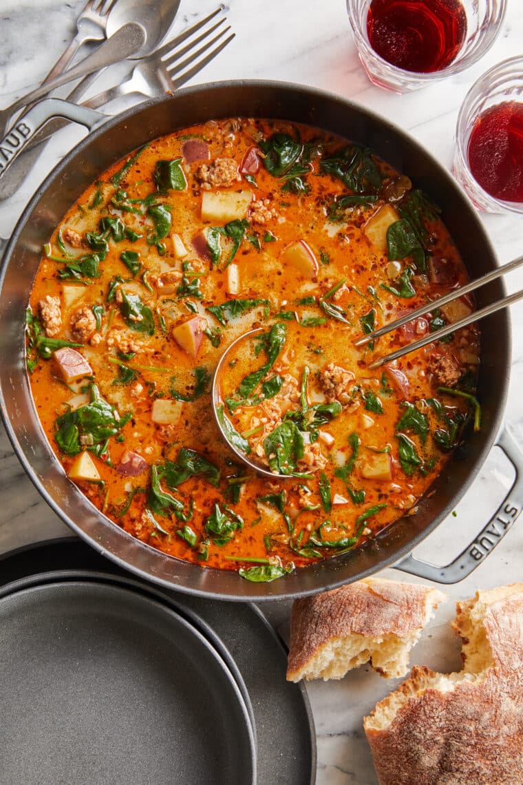 Sausage, Potato and Spinach Soup - Hearty, comforting, and done in 30 min. Made with crumbled sausage, tender potatoes and sneaked in greens!