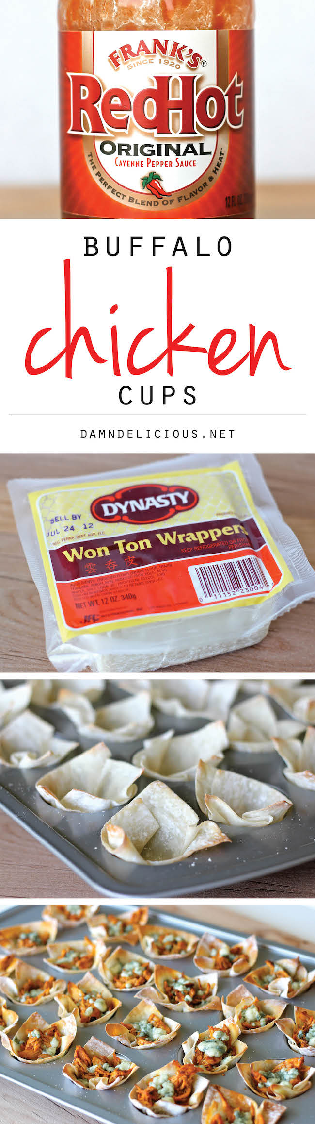 Buffalo Chicken Cups - Crisp oven-baked wonton cups loaded with buffalo chicken and blue cheese!