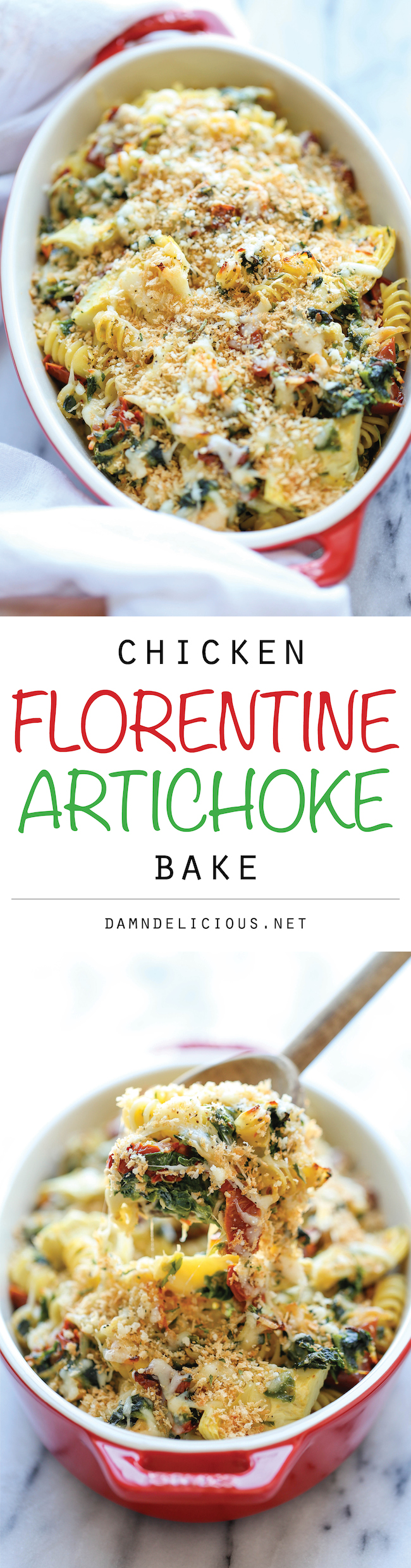 Chicken Florentine Artichoke Bake - An easy weeknight casserole with chicken, artichokes, spinach and sun-dried tomatoes - and all you need is 10 min prep!