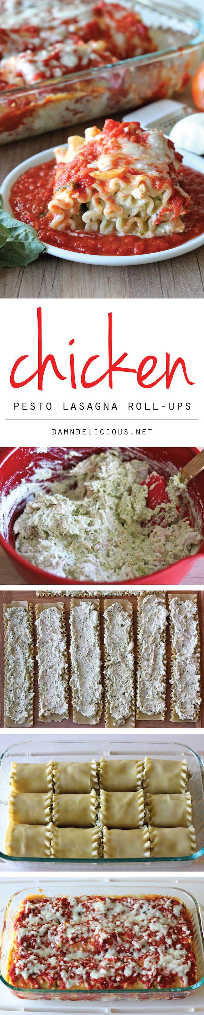 Chicken Pesto Lasagna Roll-Ups - Comfort food in easy single serving form with a cheesy, creamy pesto filling!