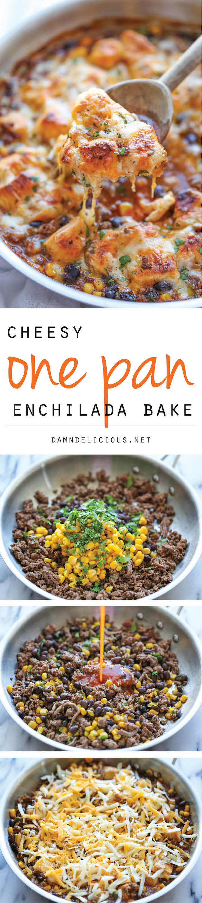 One Pan Enchilada Bake - The easiest and cheesiest enchilada bake made in a single pan - easy peasy with only one dirty pot. You can't beat that!