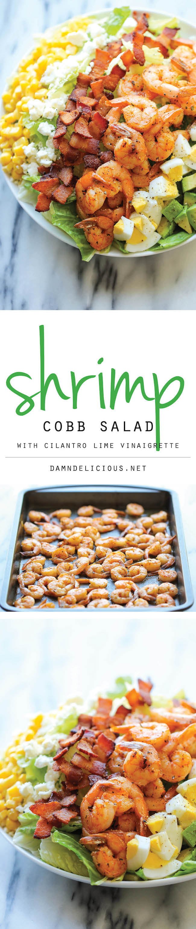 Shrimp Cobb Salad - A light, filling salad loaded with roasted shrimp, bacon bits, and avocado in a tangy, refreshing vinaigrette!