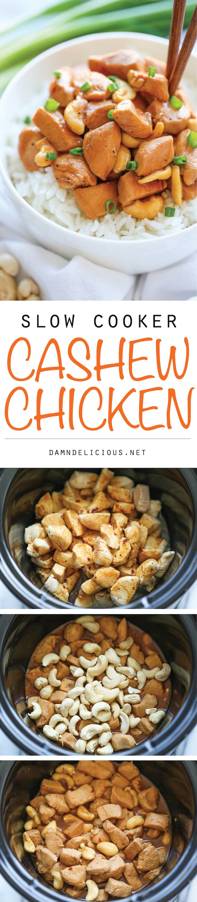 Slow Cooker Cashew Chicken - A Chinese takeout favorite made right in your crockpot. All you need is 10 min prep. Doesn't get easier or healthier than that!