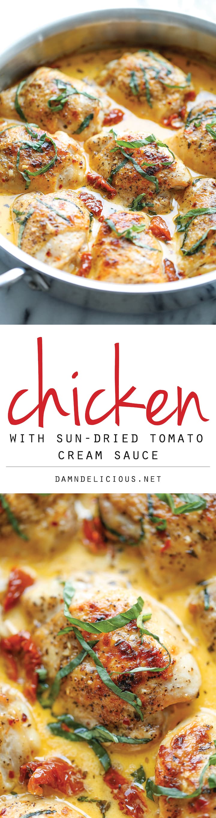 Chicken with Sun-Dried Tomato Cream Sauce - Crisp-tender chicken in the most amazing cream sauce ever. It's so good, you'll want to guzzle down the sauce!
