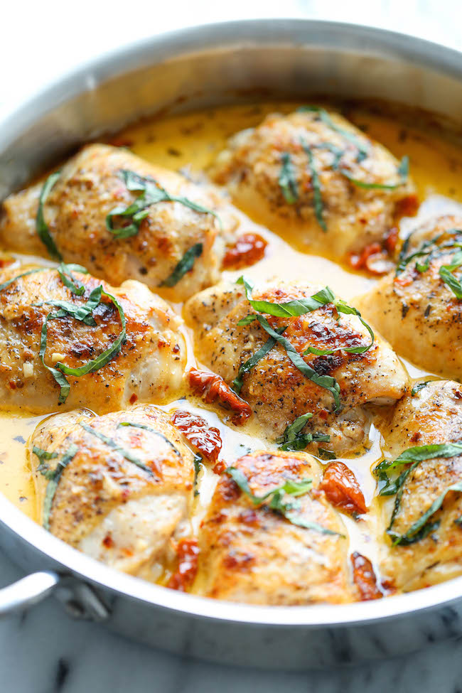 Chicken with Sun-Dried Tomato Cream Sauce - Crisp-tender chicken in the most amazing cream sauce ever. It's so good, you'll want to guzzle down the sauce!