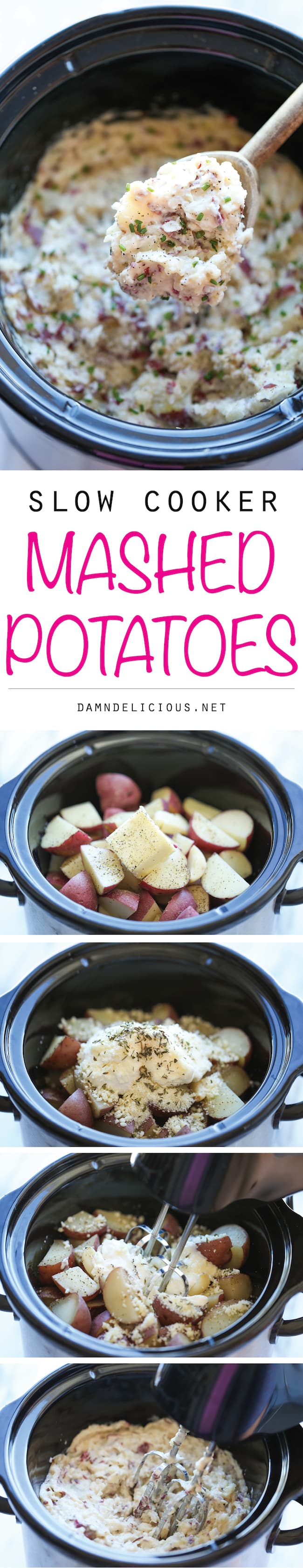 Slow Cooker Garlic Mashed Potatoes - The easiest mashed potatoes you will ever make. Just throw it all in the crockpot and you're set. Easy peasy!