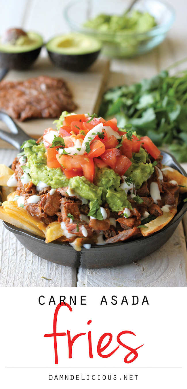 Carne Asada Fries - These french fries are loaded with carne asada, guacamole, pico de gallo and sour cream!
