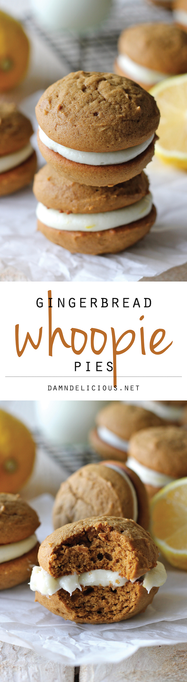 Gingerbread Whoopie Pies - The classic gingerbread cookie is reinvented with the most luscious, most decadent lemon cream cheese filling!