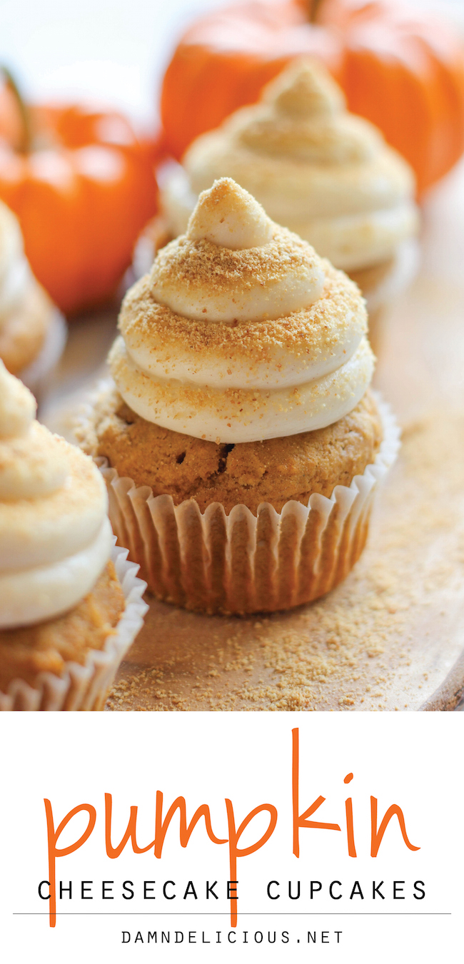 Pumpkin Cheesecake Cupcakes - With a surprise cheesecake filling and graham cracker crumb topping, these are sure to impress your guests!