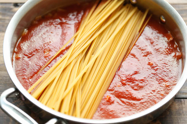 One Pot Shrimp Parmesan Pasta - The boring old spaghetti gets a fun twist in this super easy one pot meal - even the pasta gets cooked right in!