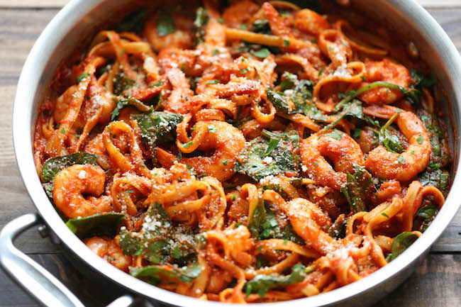 One Pot Shrimp Parmesan Pasta - The boring old spaghetti gets a fun twist in this super easy one pot meal - even the pasta gets cooked right in!